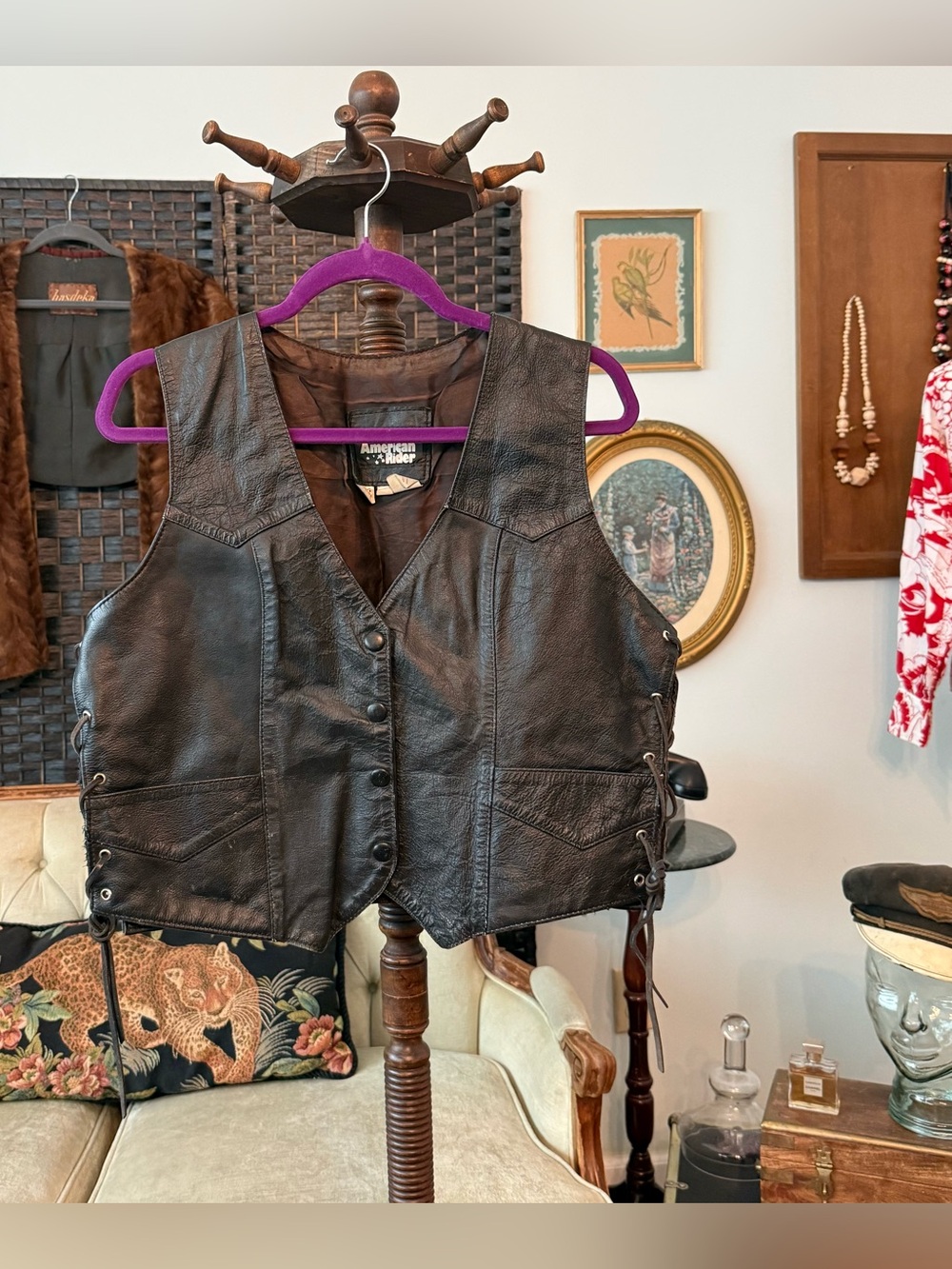 🏍️ Vintage American Rider Black Leather Biker Vest Broken In Sturgis Daytona